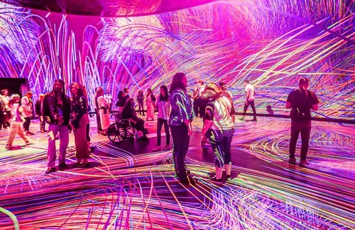 Photo shows people in an immersive light experience surrounded by different colours of LED lighting